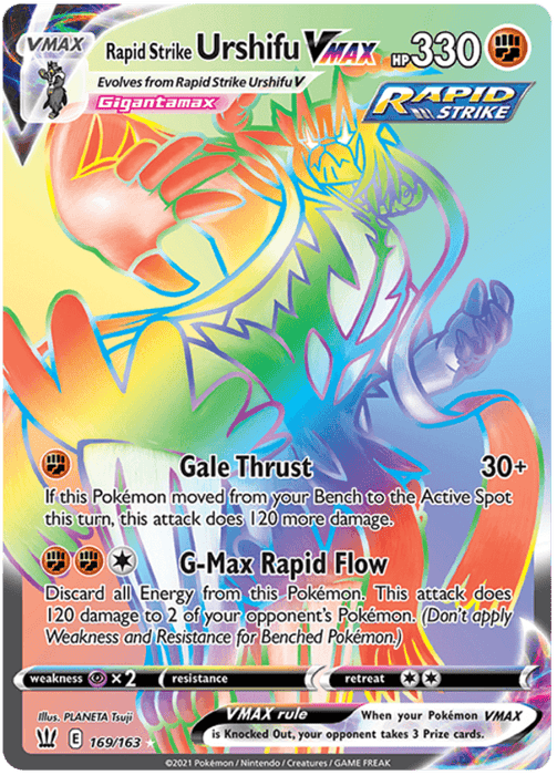 A Pokémon card features Rapid Strike Urshifu VMAX (169/163) [Sword & Shield: Battle Styles], a multicolored, abstractly styled creature with bold, radiant hues. Originating from the Sword & Shield Battle Styles series, this Secret Rare collectible boasts HP 330 and two attacks: "Gale Thrust" and "G-Max Rapid Flow." The Rapid Strike logo and other standard Pokémon card elements are present.