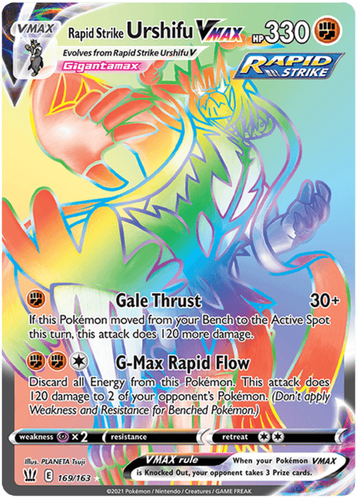 A Pokémon card features Rapid Strike Urshifu VMAX (169/163) [Sword & Shield: Battle Styles], a multicolored, abstractly styled creature with bold, radiant hues. Originating from the Sword & Shield Battle Styles series, this Secret Rare collectible boasts HP 330 and two attacks: "Gale Thrust" and "G-Max Rapid Flow." The Rapid Strike logo and other standard Pokémon card elements are present.