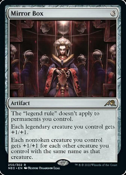 A "Mirror Box [Kamigawa: Neon Dynasty]" card from Magic: The Gathering. The artwork depicts a robed figure with multiple reflections in mirrors. As a rare card, it has abilities that alter legendary and nontoken creatures' stats. The frame is black and gray with a metallic finish.