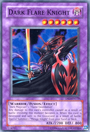 A Yu-Gi-Oh! trading card titled "Dark Flare Knight [DR1-EN179] Super Rare" from Dark Revelation Volume 1 with a purple border. The Fusion Monster features a warrior in black and red armor with a dark blue cape, wielding a glowing sword. The card's stats are ATK/2200 DEF/800 and it has a fusion effect description involving "Dark Magician" and "Flame