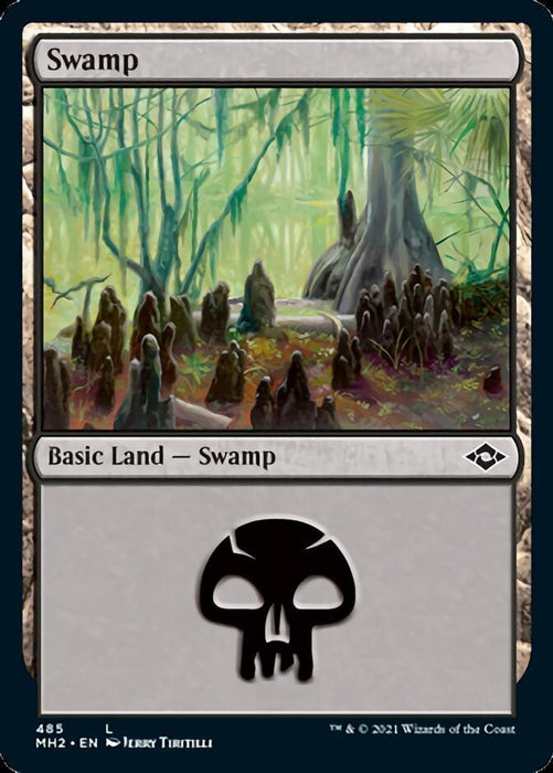 Magic: The Gathering card titled "Swamp (485) (Foil Etched) [Modern Horizons 2]" from the Magic: The Gathering brand. The artwork depicts a dense and eerie swamp with tall, twisted trees and thick foliage. Dark mounds of earth and roots rise from the ground. The card features the black mana symbol at the bottom center. Text below the image reads, "Basic Land — Swamp.