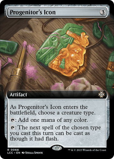 A Magic: The Gathering card titled "Progenitor's Icon (Extended Art) [The Lost Caverns of Ixalan Commander]." This Rare artifact card has a casting cost of 3. The image features a green and gold ornately decorated mask surrounded by smaller green pieces and purple energy. The card text details its abilities, with set information at the bottom.