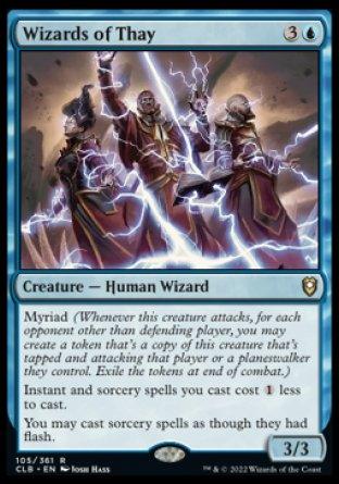 The image is of a Magic: The Gathering card titled "Wizards of Thay" from the Commander Legends: Battle for Baldur's Gate set. It depicts three Human Wizards casting lightning spells against a blue background. The text highlights the creature’s abilities, including "Myriad," and cost reduction for instant and sorcery spells during your turn.