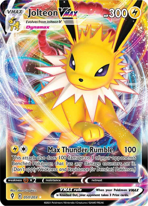 A Pokémon trading card featuring Jolteon VMAX (051/203) [Sword & Shield: Evolving Skies] from the Pokémon brand. The card has a cosmic, colorful background with stars and light effects. Jolteon, an electric Pokémon with yellow, spiky fur and sharp features, appears dynamically in the foreground. This Ultra Rare card boasts 300 HP and its attack is "Max Thunder Rumble.