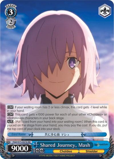 The image is a Double Rare Character Card titled "Shared Journey, Mash (FGO/S75-E078 RR) [Fate/Grand Order Absolute Demonic Front: Babylonia]" from Bushiroad, depicting the Chaldea Shielder with short, pale purple hair in a white and blue outfit. The card features various stats and text, including the character's power (9000), level (3), cost (2), game instructions, and special abilities.