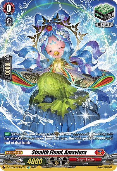 The trading card "Stealth Fiend, Amaviera (D-BT05/SP19EN) [Triumphant Return of the Brave Heroes]" from Bushiroad's Dragon Empire set features a character with blue hair adorned with flowers, wearing a green flowing outfit against a mystical, water-themed background. This special parallel card has details and statistics displayed at the top and bottom edges.