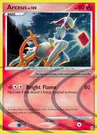 A Pokémon trading card, Arceus (AR3) [Platinum: Arceus], features Arceus Lv.100 with 80 HP. The Holo Rare card displays an image of the mythical Arceus against a cosmic background. It has a single attack, "Bright Flame," which deals 80 Fire damage. The bottom text reads, "It is described in mythology as Pokémon that shaped the universe with its 1