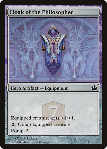 The Magic: The Gathering card "Cloak of the Philosopher" from the Journey into Nyx Hero's Path series is a Hero Artifact—Equipment featuring a mystical cloak amidst a swirling purple backdrop, granting unique bonuses and abilities to equipped creatures. Art by Chuck Lukacs.