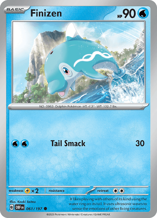 The Pokémon trading card for Finizen (061/197) from the Scarlet & Violet: Obsidian Flames series features a Basic Water-type Pokémon with 90 HP. This blue, dolphin-like creature is illustrated by Kouki Saitou and is depicted leaping out of the water in front of a waterfall. The card includes the move "Tail Smack," which has an attack power of 30.