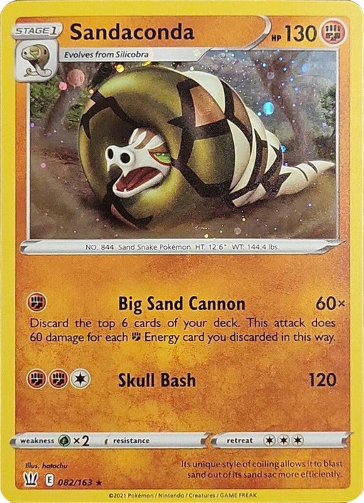 A **Sandaconda (082/163) (Cosmos Holo) [Sword & Shield: Battle Styles]** card from the Pokémon series featuring Sandaconda, a Stage 1 Fighting type with 130 HP. The card showcases Sandaconda in a desert setting with moves Big Sand Cannon and Skull Bash. Its unique style of coiling allows it to blast sand out of its sand sac more efficiently. Card number 082/163, with weakness to Grass, no