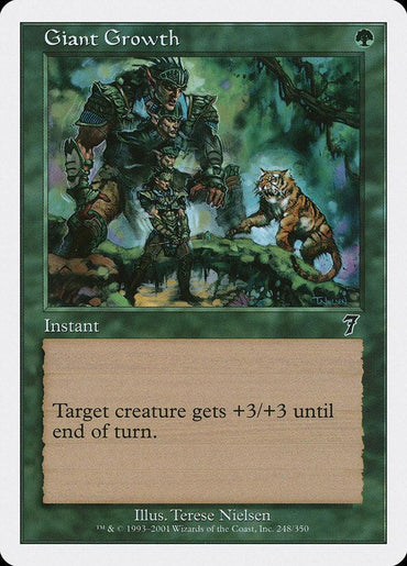 A Magic: The Gathering card named "Giant Growth [Seventh Edition]" from the iconic brand features a common Instant spell showcasing art by Terese Nielsen. The illustration depicts a massive humanoid with green skin, towering over both a warrior and a tiger. The card text reads, "Target creature gets +3/+3 until end of turn.