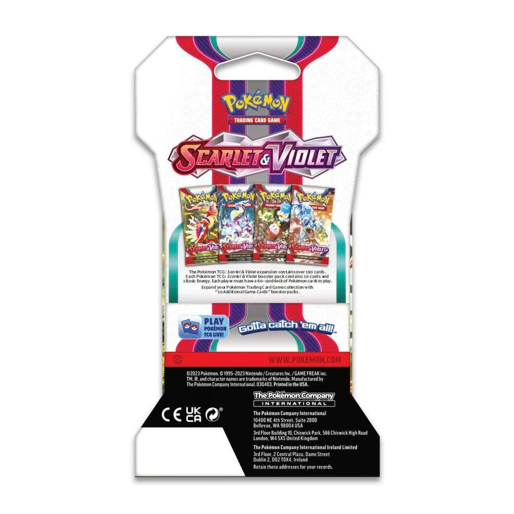 The image displays the back of a Pokémon Scarlet & Violet - Sleeved Booster Pack. The packaging features vibrant graphics and showcases three distinct booster pack artworks. It includes the Pokémon logo, safety information, the "Gotta catch 'em all!" slogan, and website details at the bottom.