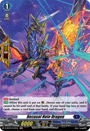 A vibrant trading card branded by Bushiroad, featuring the "Recusal Hate Dragon (D-BT01/H12EN) [Genesis of the Five Greats]," a Dark States Normal Unit. The card depicts the dragon draped in dark armor with glowing blue lines, attacking with a fiery, multicolored energy blast. Holo details enhance the purple-bordered card’s various stats and fearsome presence.