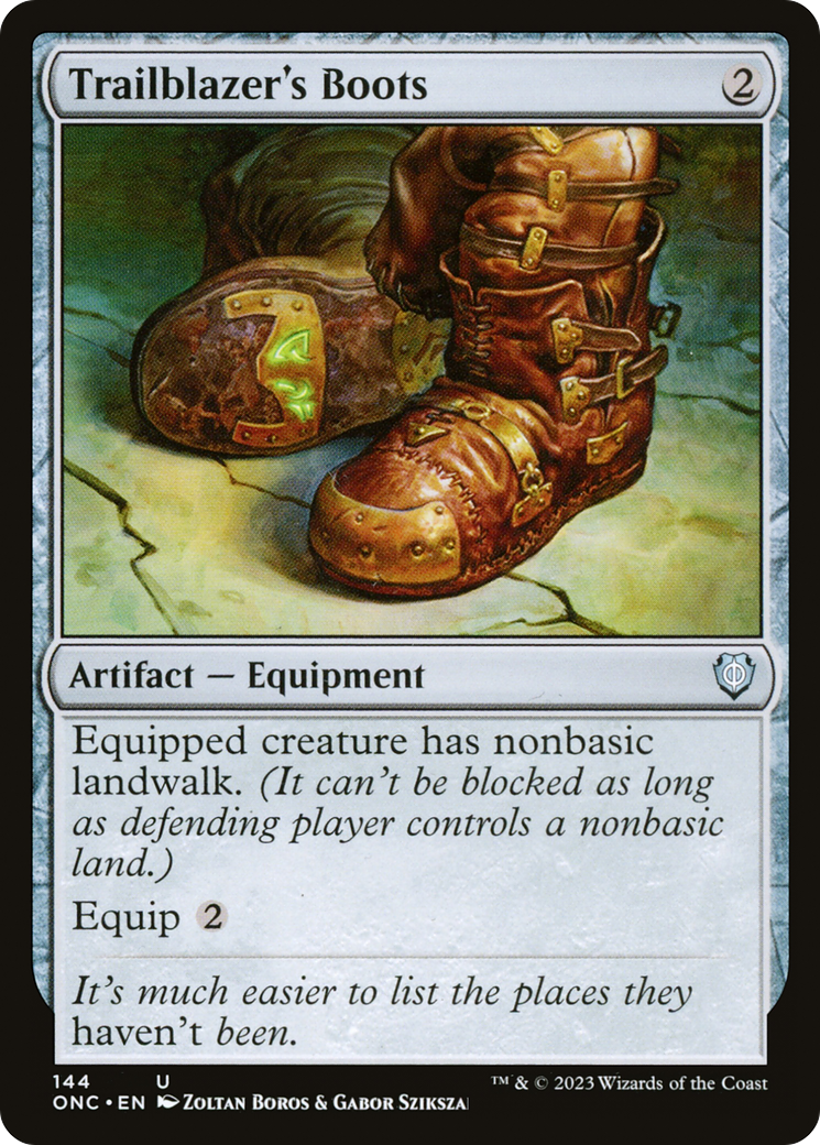 An image of a Magic: The Gathering card named Trailblazer's Boots [Phyrexia: All Will Be One Commander] depicts a pair of worn leather boots adorned with straps and metal accents. This Artifact — Equipment card provides nonbasic landwalk and has an equip cost of 2 mana. The card features the text: 