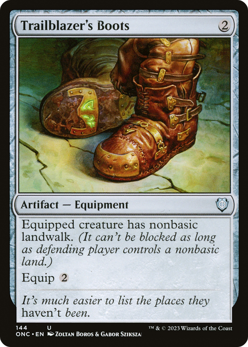 An image of a Magic: The Gathering card named Trailblazer's Boots [Phyrexia: All Will Be One Commander] depicts a pair of worn leather boots adorned with straps and metal accents. This Artifact — Equipment card provides nonbasic landwalk and has an equip cost of 2 mana. The card features the text: "It's much easier to list the places they haven't been.