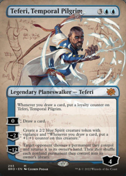 Image of a Magic: The Gathering card named "Teferi, Temporal Pilgrim (Borderless Alternate Art) [The Brothers' War]" from the set by Magic: The Gathering. It costs 3 generic mana and 2 blue mana to cast. As a legendary planeswalker with 4 loyalty counters, it allows you to draw a card, create a 2/2 blue spirit token, and return an opponent's permanent to their library.