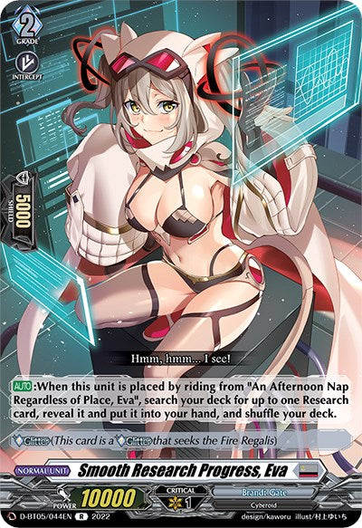 Featuring the rare trading card "Smooth Research Progress, Eva (D-BT05/044EN) [Triumphant Return of the Brave Heroes]" from Bushiroad's collectible card game Vanguard, this Grade 2 card displays a futuristic scientist with white hair, glasses, and a lab coat. It boasts a Power of 10,000 and a Shield of 5,000.