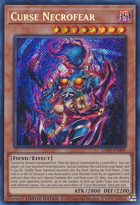 The image displays a "Curse Necrofear [LDS3-EN009] Secret Rare" card from Yu-Gi-Oh!, featuring an ethereal Effect Monster with a blue, muscular torso and long, flowing multicolored hair, encircled by purple flames. The lower portion of the card presents specific details such as its type, effects, attack power (2800), and defense points (2200).