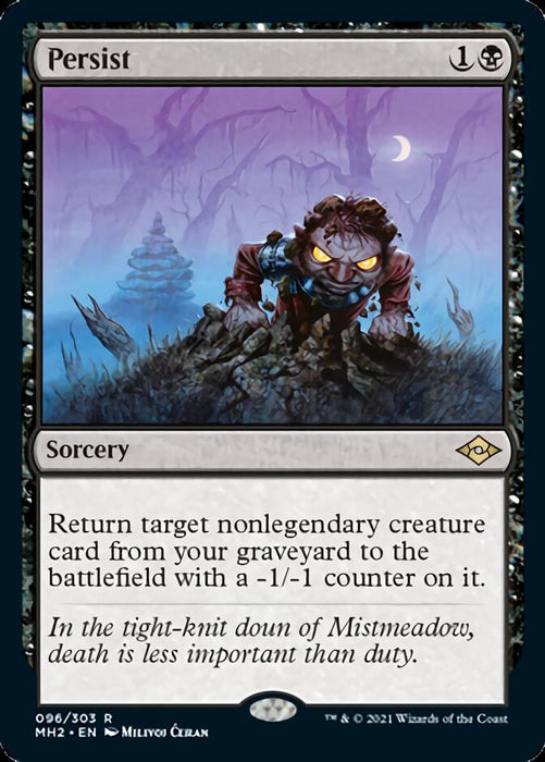 Magic: The Gathering product Persist [Modern Horizons 2] features a grotesque, stitched figure emerging from a mound of earth. The dark, foreboding sky is dotted with barren trees and a distant rocky spire. The card's text describes returning a nonlegendary creature card from the graveyard.