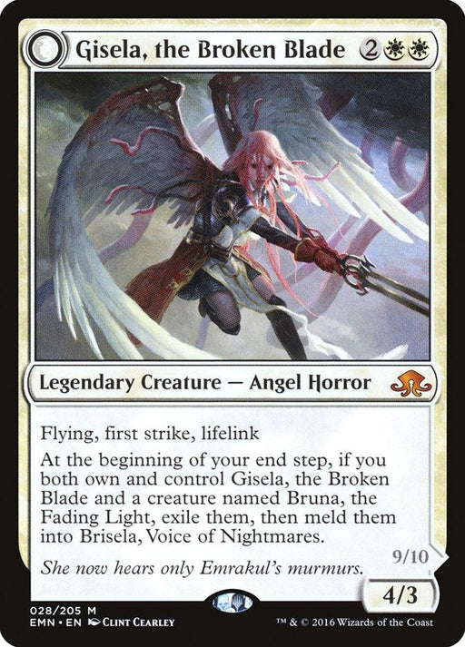 Trading card image of Gisela, the Broken Blade [Eldritch Moon]. The light-skinned, winged, and armored Angel Horror wields a red sword and has red eyes. Card text details flying, first strike, lifelink, and melding abilities. Art by Clint Cearley, card number 028/205, © 2016 Wizards of the Coast. Brand Name: Magic: The Gathering.