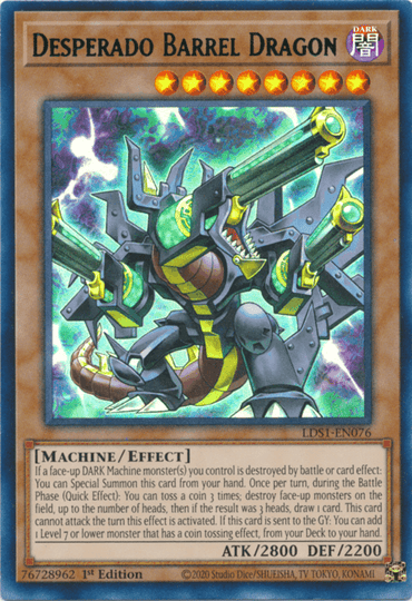 This Yu-Gi-Oh! trading card, "Desperado Barrel Dragon (Green) [LDS1-EN076]," is an Ultra Rare featuring a dark, armored dragon with three gun barrels for heads emitting green light. It is a Machine/Effect Monster boasting 2800 ATK and 2200 DEF. The card text outlines its effects and Special Summon conditions.