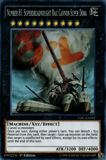 A Yu-Gi-Oh! trading card titled "Number 81: Superdreadnought Rail Cannon Super Dora [TDIL-EN091] Super Rare" from the brand's The Dark Illusion set features a massive, heavily armed train with a large cannon. As a Super Rare Xyz/Effect Monster card, it boasts stats of ATK 3200 and DEF 4000, and can detach Xyz Materials to protect a monster.