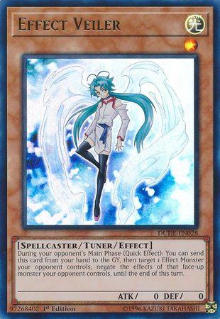 A Yu-Gi-Oh! trading card named "Effect Veiler [DUDE-EN028] Ultra Rare" is depicted. This Tuner/Effect Monster belongs to the Spellcaster type, with an ATK and DEF of 0. The artwork features a blue-haired figure with white wings and a magic aura. An Ultra Rare from Duel Devastator, its effect activates during the opponent's Main Phase.