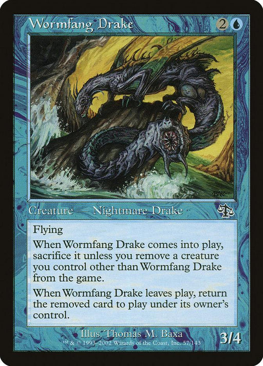 A Magic: The Gathering card titled "Wormfang Drake [Judgment]". The card has a blue border and depicts a serpentine, nightmare drake with wings emerging from a swamp. The text explains the flying creature's abilities, including removing a controlled creature when it enters play. Its power and toughness are 3/4.