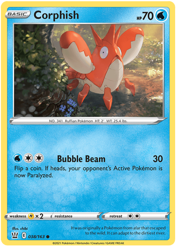 The image showcases a Corphish (038/163) [Sword & Shield: Battle Styles] Pokémon trading card from the Pokémon series. This Water-type, crab-like creature with red and white coloration is centered against a natural backdrop. With 70 HP, it features the move 