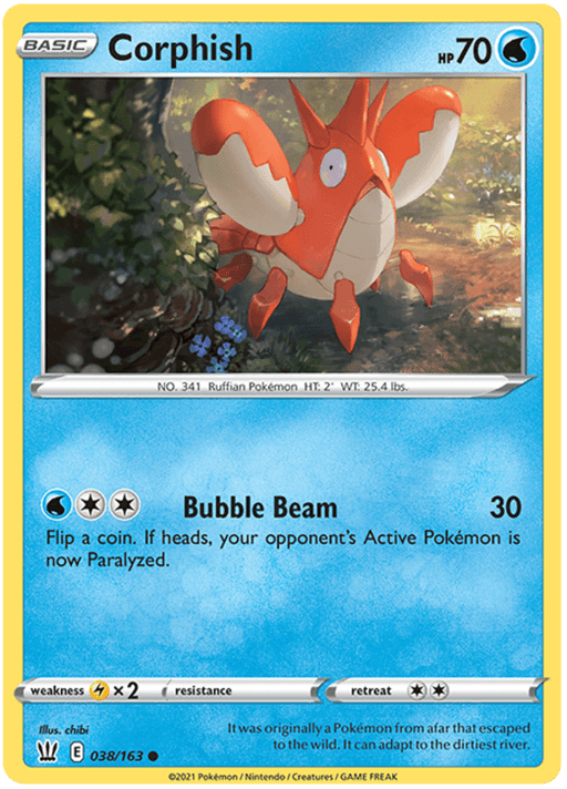 The image showcases a Corphish (038/163) [Sword & Shield: Battle Styles] Pokémon trading card from the Pokémon series. This Water-type, crab-like creature with red and white coloration is centered against a natural backdrop. With 70 HP, it features the move "Bubble Beam," doing 30 damage with a chance to paralyze. Text reveals it's originally from far away and adaptable to dirty rivers.
