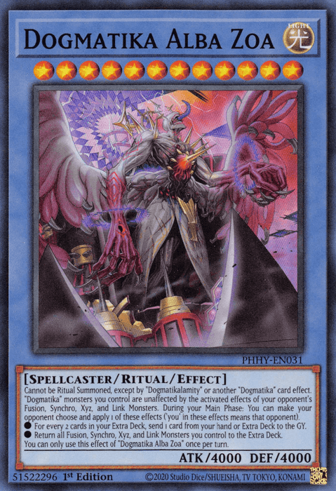 A Yu-Gi-Oh! Super Rare card named "Dogmatika Alba Zoa [PHHY-EN031]" depicts a menacing Ritual/Effect Monster with multiple horns, red glowing eyes, and a radiant red sphere. Boasting ATK/4000 and DEF/4000, the card includes detailed effect text that outlines the creature's impressive summoning and battle abilities.