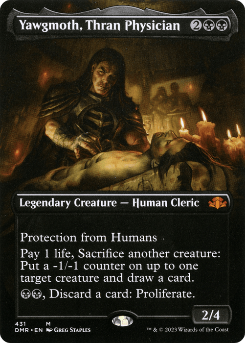A Magic: The Gathering card titled "Yawgmoth, Thran Physician (Borderless Alternate Art) [Dominaria Remastered]" from Magic: The Gathering. This Mythic Legendary Creature features dark, eerie art depicting Yawgmoth leaning over a lifeless body with candles in the background. It has stats 2/4, costs 2 generic and 2 black mana, and possesses multiple special abilities including protection from Humans.