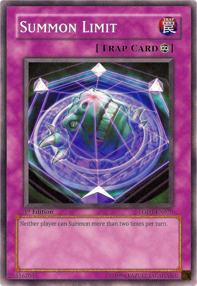 The image features the "Summon Limit [LODT-EN079] Common" trap card from the Yu-Gi-Oh! trading card game, part of the Light of Destruction set. It has a continuous trap icon in the upper right corner. The artwork shows a green creature trapped in a glowing hexagonal grid. The card text states: "Neither player can Summon more than two times per turn.