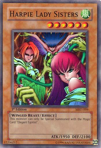 Yu-Gi-Oh! trading card featuring Harpie Lady Sisters [MRD-009] Super Rare, an Effect Monster from the Metal Raiders (MRD) set. This 1st Edition card showcases three winged female characters with vibrant hair. Boasting an ATK of 1950 and DEF of 2100, it requires 