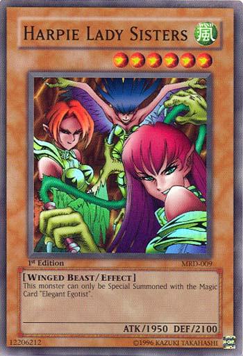 Yu-Gi-Oh! trading card featuring Harpie Lady Sisters [MRD-009] Super Rare, an Effect Monster from the Metal Raiders (MRD) set. This 1st Edition card showcases three winged female characters with vibrant hair. Boasting an ATK of 1950 and DEF of 2100, it requires "Elegant Egotist" for special summoning.