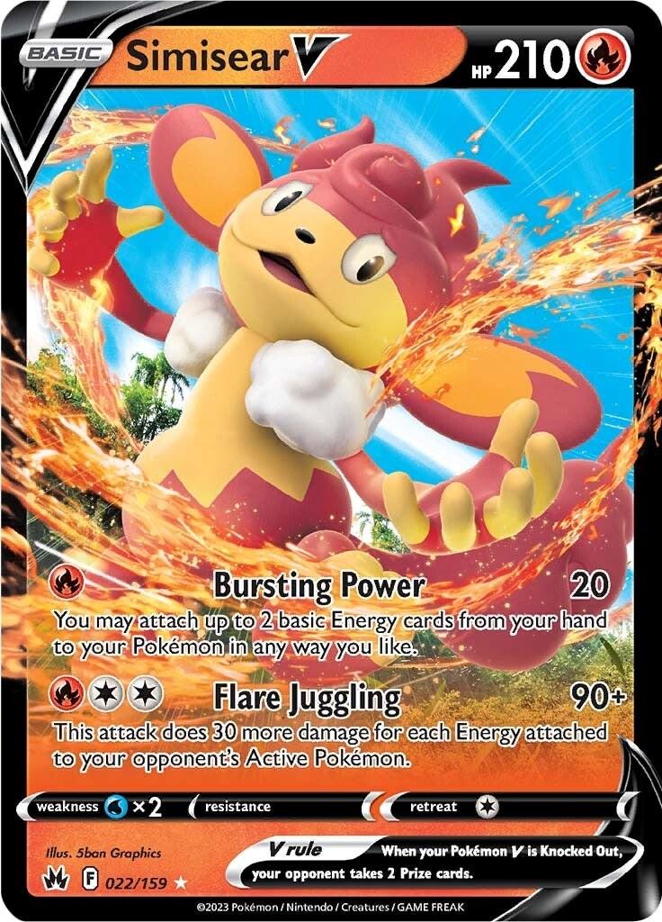 A Pokémon card featuring Simisear V (022/159) [Sword & Shield: Crown Zenith], illustrated with a determined expression and juggling flames. This Ultra Rare card has 210 HP and includes two attacks: Bursting Power and Flare Juggling. The bottom area contains details like Weakness, Resistance, Retreat Cost, and release info (022/159).