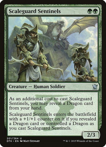 Magic: The Gathering product Scaleguard Sentinels [Dragons of Tarkir] features artwork of armored, sword-wielding Human Soldiers atop a dragon. The text describes its casting cost, abilities, and stats: two green mana, Human Soldier creature, 2/3 power/toughness, benefits from revealing a Dragon card.