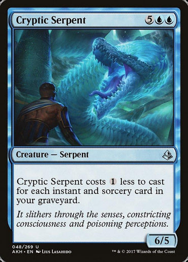 The Magic: The Gathering card "Cryptic Serpent" from the Amonkhet set requires 5 blue mana and 2 generic mana to cast. It features artwork depicting a glowing blue serpent facing off against a robed figure. Its special ability decreases its casting cost, and its flavor text suggests its magical power. This creature possesses 6 power and 5 toughness.