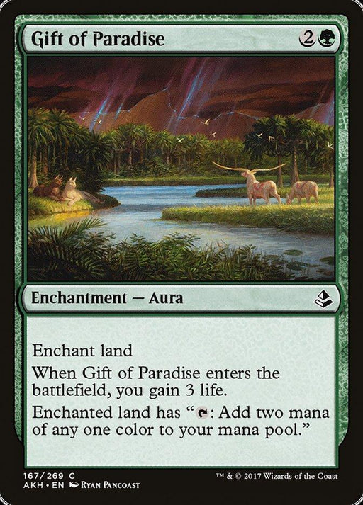 The Magic: The Gathering product "Gift of Paradise [Amonkhet]" is a green enchantment aura from the Amonkhet set, with a mana cost of 2 colorless and 1 green. It grants you 3 life upon entering the battlefield and allows the enchanted land to add two mana of any color. The artwork, by Ryan Pancoast, features a serene landscape with dinosaurs and glowing lights.