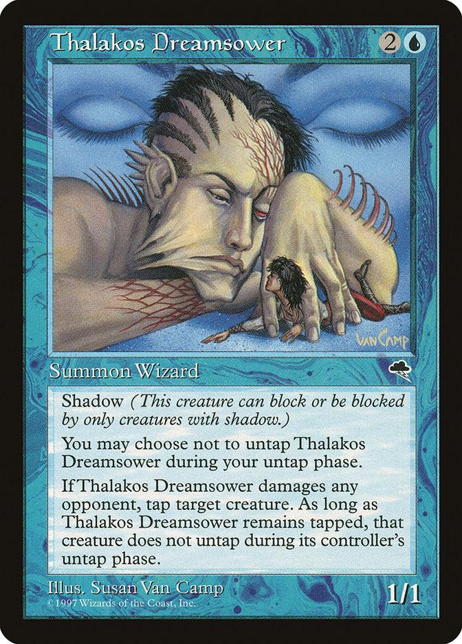 The image displays a Magic: The Gathering card named "Thalakos Dreamsower" from the Tempest set. It features a Thalakos Wizard with fin-like appendages in a dream state. This card, outlined with a blue border, has special shadowy abilities that enable it to tap opponent's creatures and requires two colorless and one blue mana to play.