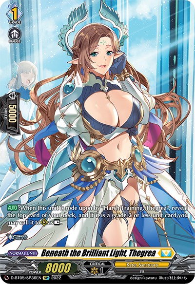 A fantasy-themed trading card from Bushiroad's "Triumphant Return of the Brave Heroes" series features Beneath the Brilliant Light, Thegrea (D-BT05/SP36EN). The card showcases a female warrior with long brown hair and blue eyes, clad in ornate blue and white armor adorned with gold accents, complemented by a translucent cape. She stands against a glittery background, embodying the spirit of Keter Sanctuary.