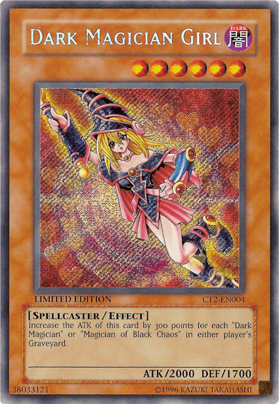 A Yu-Gi-Oh! Secret Rare trading card features "Dark Magician Girl [CT2-EN004] Secret Rare." She is illustrated as a blonde girl in a blue and pink magician outfit with a pointed hat and staff. The card's stats list 2000 ATK and 1700 DEF. This Effect Monster increases ATK by 300 for each "Dark Magician" or "Magician of Black Chaos" in