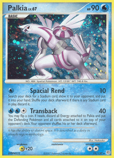 A Pokémon trading card featuring Palkia (11/130) [Diamond & Pearl: Base Set] from Pokémon. Palkia is a large, white, dragon-like Pokémon with purple accents. The Holo Rare card is holographic with shimmering effects and 90 HP. Water type moves include Spacial Rend and Transback. Palkia's illustration is surrounded by sparkles.