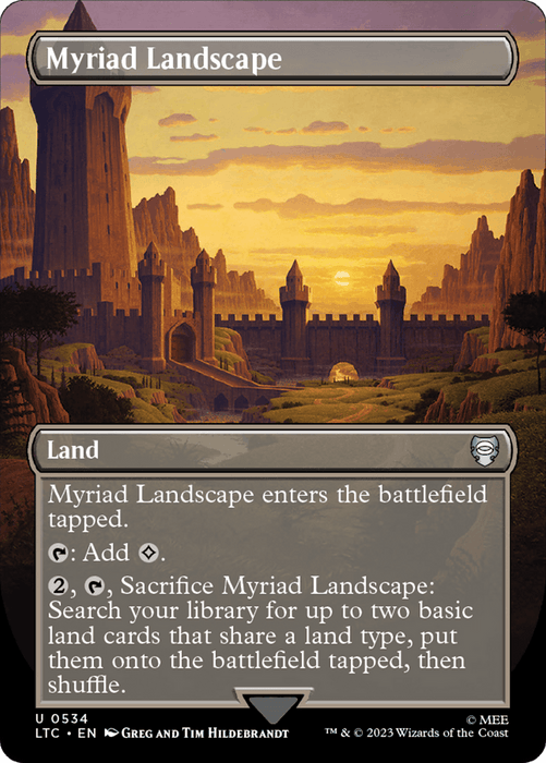 **Magic: The Gathering** card titled "**Myriad Landscape (Borderless) [The Lord of the Rings: Tales of Middle-Earth Commander]**." It features a majestic castle landscape at sunset with mountains and trees. This "Land" card enters the battlefield tapped and includes abilities to interact with basic land cards.