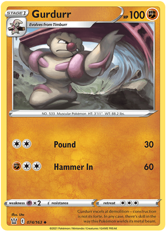 A Pokémon Gurdurr (074/163) [Sword & Shield: Battle Styles] trading card featuring Gurdurr, a muscular Pokémon holding a steel beam, from the Sword & Shield Battle Styles set. It has 100 HP and evolves from Timburr. The card's moves are 