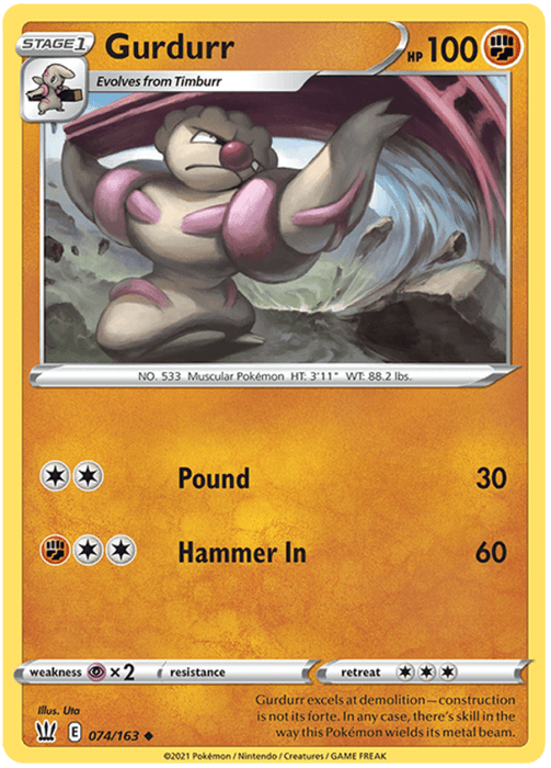 A Pokémon Gurdurr (074/163) [Sword & Shield: Battle Styles] trading card featuring Gurdurr, a muscular Pokémon holding a steel beam, from the Sword & Shield Battle Styles set. It has 100 HP and evolves from Timburr. The card's moves are "Pound" with 30 damage and "Hammer In" with 60 damage. The illustrated background shows a construction site filled with steel beams.