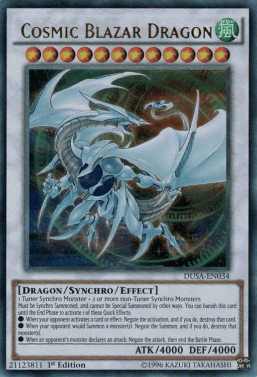 A Yu-Gi-Oh! trading card titled "Cosmic Blazar Dragon [DUSA-EN034] Ultra Rare." This Ultra Rare features a large, mechanical dragon with wings against a starry, cosmic backdrop. It's a Synchro/Effect Monster with level 12, showcasing 4000 ATK and 4000 DEF. Part of the Duelist Saga, its description details summoning requirements and special effects.