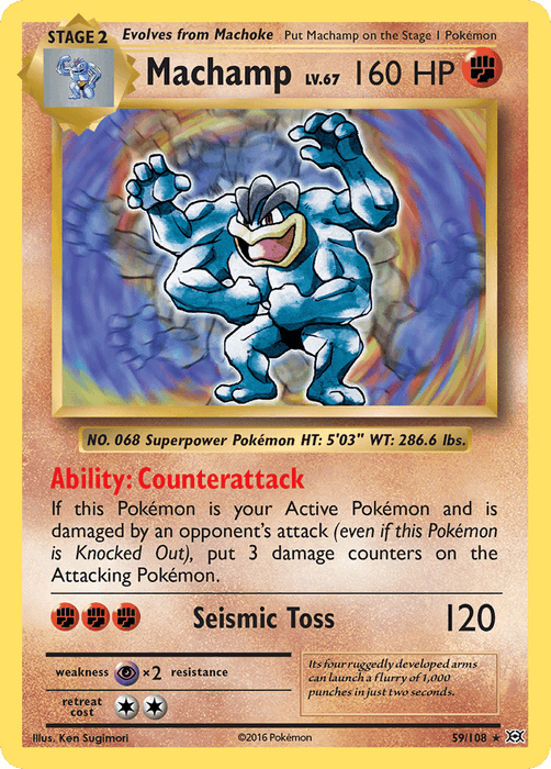 A Machamp (59/108) [XY: Evolutions] card with 160 HP from the Pokémon set. It evolves from Machoke and has the ability 'Counterattack,' which deals damage when attacked. As a Fighting type, it also has the move 'Seismic Toss' that deals 120 damage. This Holo Rare card's rarity is indicated at the bottom right.
