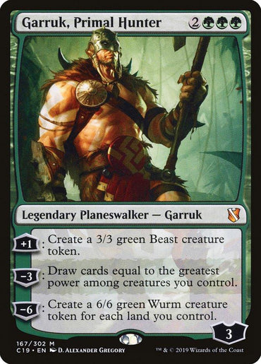 A Magic: The Gathering card titled "Garruk, Primal Hunter [Commander 2019]". This mythic, Legendary Planeswalker features a muscular warrior with armor, wielding a large axe. With green and black borders, it has three abilities: creating a beast token, drawing cards based on creature power, and creating a Wurm token. It costs 2 green mana and 3 generic mana.