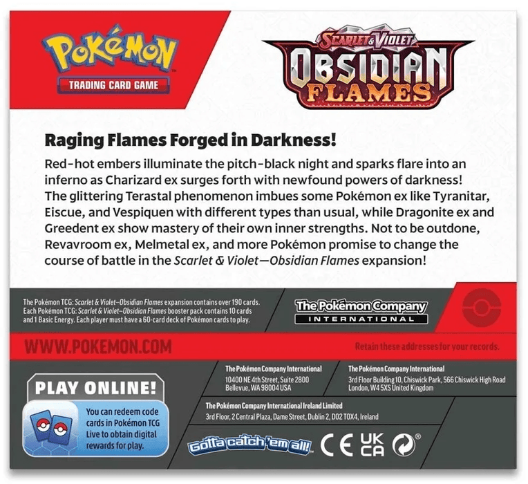A promotional image for the Scarlet & Violet: Obsidian Flames - Booster Box by Everything Games featuring the set's logo and description. The text highlights their mystical "Terastal phenomenon," mentions characters like Charizard ex, and offers a Booster Box option. It includes a play online section and company contact details at the bottom.